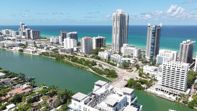 Miami Beach, Florida USA. Drone Shot of La Gorce and North Beach District, Traffic and Buildings