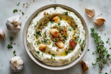 Roasted Garlic Mashed Cauliflower topped with roasted garlic, herbs, olive oil on marble countertop. Concept of minimalism, inviting aesthetic, smooth cauliflower mash with roasted garlic.