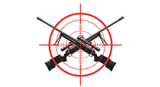 Two sniper rifles crossed within a red targeting reticle against a white background.