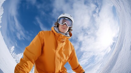 Young man in orange ski jacket with goggles poses in a snowy landscape, captured from a low angle with a fisheye lens, showcasing an adventurous winter sports vibe