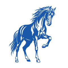 A striking blue silhouette of a horse in mid-rear, with its mane and tail flowing dynamically against a white background.