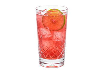 Isolated refreshing fizzy drink with lime slice, ice cubes served in elegant crystal glass