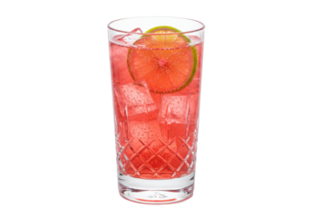 Isolated refreshing fizzy drink with lime slice, ice cubes served in elegant crystal glass