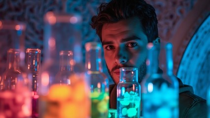 Portrait of a man with colorful glass bottles in a dim setting