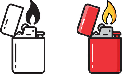 Two lighters, one black and white, and one red with flames on a white background.