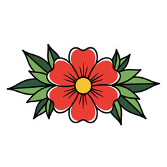 Fototapeta premium A simple illustration of a red flower with green leaves.