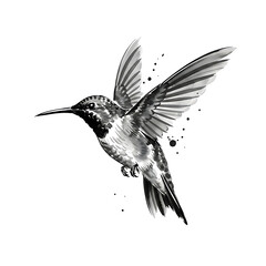 Fototapeta premium Black and White Hummingbird Illustration with Ink Splatter Effect