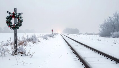 Festive Wreath Adorns Snowy Railroad Crossing in a Winter Wonderland Landscape
