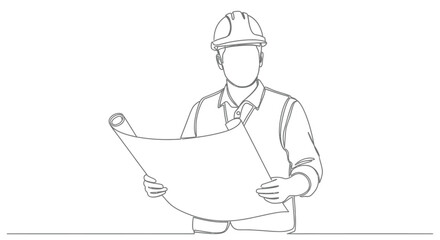 Construction worker in a hard hat holding blueprints while standing outside