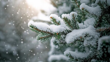 Snow Covered Pine Tree Branches, Falling Snow, Winter Forest Nature Background for Christmas and Seasonal Design