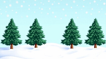 Cartoon Pine Trees in Snowy Winter Landscape, Falling Snow, Christmas Holiday Background Illustration