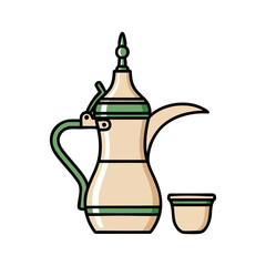 Traditional Arabic Coffee Pot Dallah with Cup Vector Illustration, Islamic Culture Symbol, Middle Eastern Hospitality Concept, Isolated Icon for Ramadan and Arabic Heritage Design.