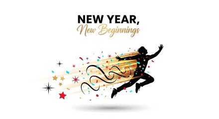 Fototapeta premium New Year New Beginnings Man Leaping Forward Amidst Confetti and Stars