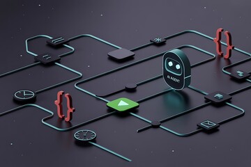 AI Agent Network with Flowchart Symbols and Futuristic Robot Icon artificial intelligence