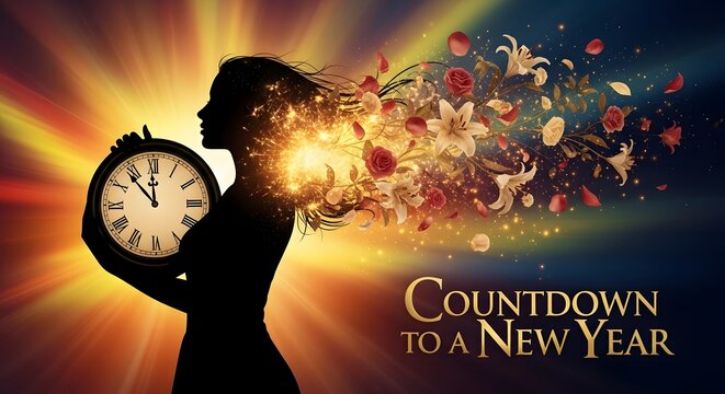 Countdown to a New Year Woman Holding Clock with Exploding Floral Hair
