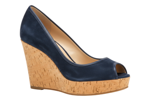 Isolated navy suede wedge heel shoe, open toe platform footwear for ladies fashion style