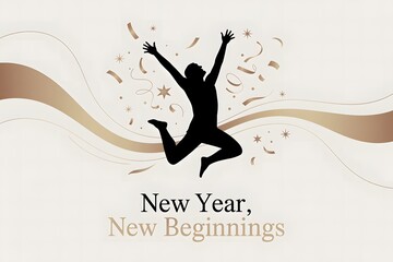 New Year New Beginnings with male silhouette jumping for joy amidst golden confetti and stars