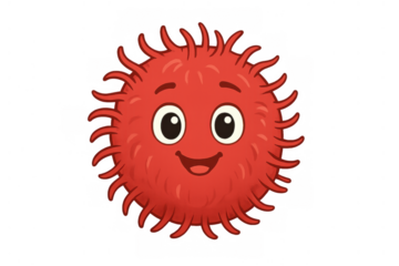 Red cartoon microorganism character with a happy smiling face for health, virus, germ, bacteria, or immunology concept