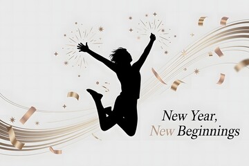 New Year New Beginnings with female silhouette jumping for joy amidst golden confetti and stars