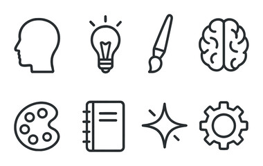 Creative icons set: brain, lightbulb, palette, gear, head, brush, sparkle, notebook