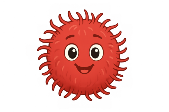 Red cartoon microorganism character with a happy smiling face for health, virus, germ, bacteria, or immunology concept