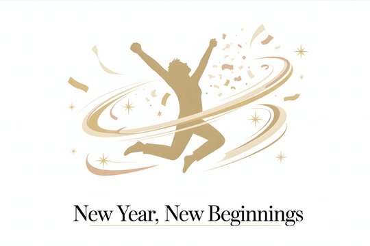 New Year New Beginnings with person silhouette jumping for joy amidst golden confetti and swirls