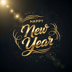Happy New Year Golden Script Calligraphy with Glittering Particles and Fireworks on Dark Backdrop