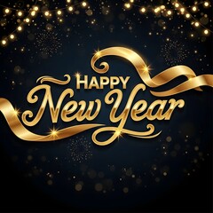 Happy New Year Golden Text with Elegant Ribbon and Sparkling Lights on Dark Background