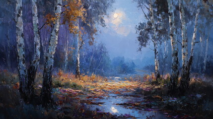 Birch forest in autumn on a moonlit night