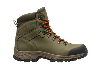 Isolated Olive-Green Leather Boot with Orange Laces, Hiking Footwear for Mountain Trekking