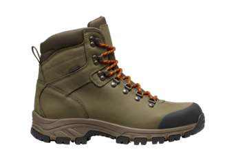 Isolated Olive-Green Leather Boot with Orange Laces, Hiking Footwear for Mountain Trekking
