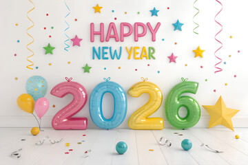 Fototapeta premium Happy New Year 2026 celebration with multicolored balloon numbers, festive decorations of stars, confetti, streamers, and party atmosphere in bright cheerful design generative ai 