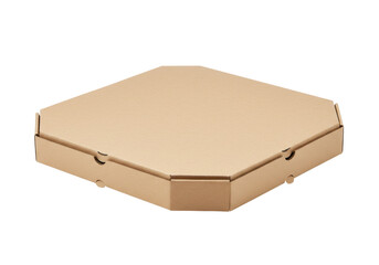 Isolated tan cardboard pizza box with multiple sides, a simple container for food takeout