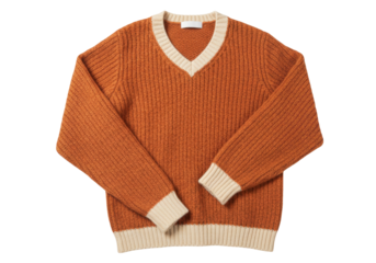 Isolated V-neck knit sweater in orange color with rib knit cuffs and hem fashion concept