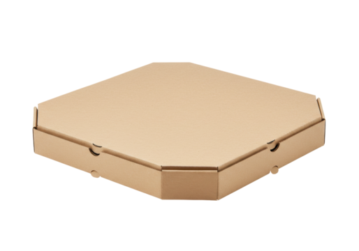 Isolated tan cardboard pizza box with multiple sides, a simple container for food takeout