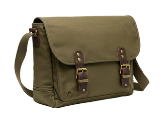 Isolated unisex olive green canvas satchel bag with brown leather straps and metal buckles