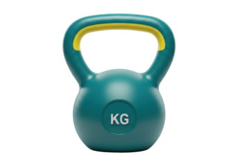 Isolated teal kettlebell weight with yellow handle, fitness equipment for exercise and training