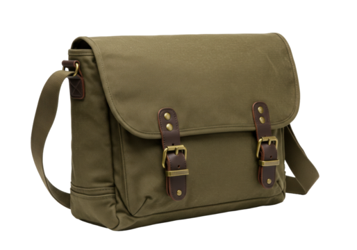 Isolated unisex olive green canvas satchel bag with brown leather straps and metal buckles