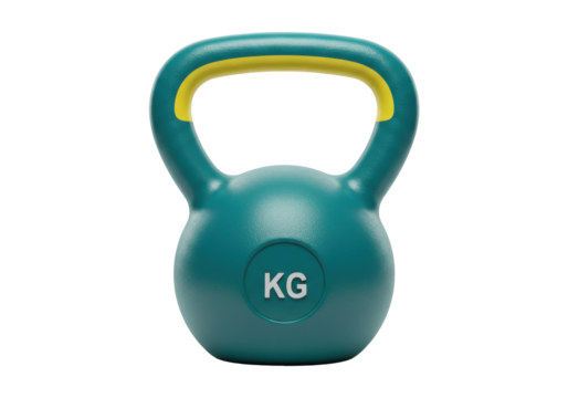 Isolated teal kettlebell weight with yellow handle, fitness equipment for exercise and training