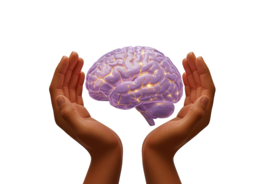 Isolated purple brain held gently by two hands, representing mental health concepts
