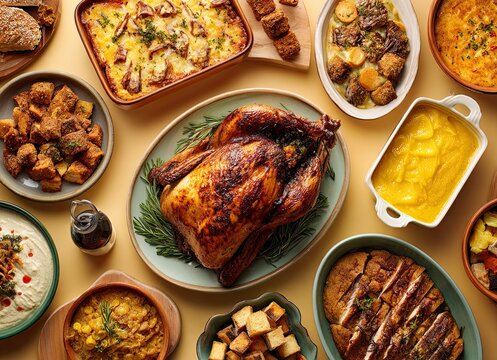 Flat lay of festive holiday food on a beige background, inviting warmth and deliciousness, perfect for culinary blogs and seasonal promotions, creating a joyful atmosphere.