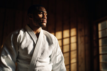 Focused martial artist in a traditional white gi bathed in warm sunlight inside a wooden dojo, embodying discipline, strength and quiet determination