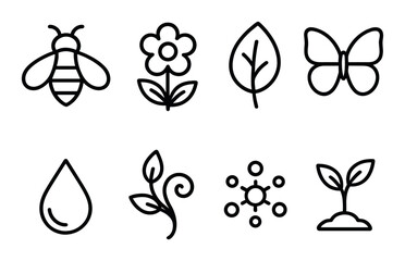 Minimalist nature icons: bee, flower, leaf, butterfly, water, sprout designs