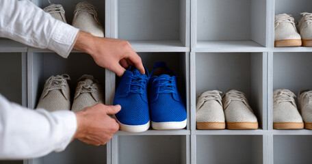 Person selecting bright blue casual shoes from a gray wooden cubby shelf filled with beige woven sneakers in a retail store