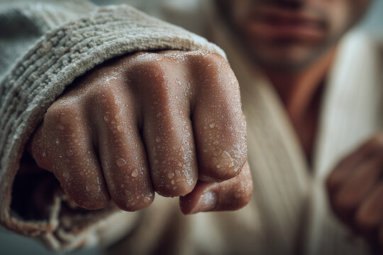 Close-up of a wet clenched fist covered in water droplets, powerful martial arts punch in a robe conveying strength, determination and intense focus