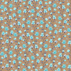 Vibrant seamless floral pattern featuring delicate blue blooms on earthy brown background