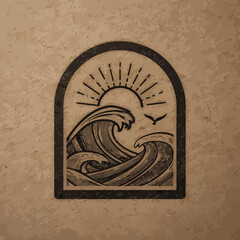 Vintage Engraved Ocean Waves and Sun Arch Illustration with Flying Bird, Coastal Sea Art Emblem