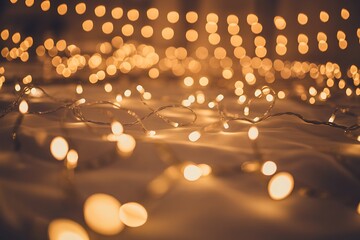 Soft Focus Bokeh of Warm Golden Fairy Lights on a Textured Surface string lights blurred