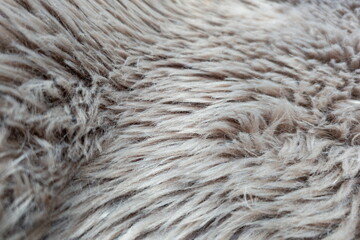 Soft and fluffy texture of a light brown fur surface showcasing gentle waves and natural fibers in a cozy indoor setting