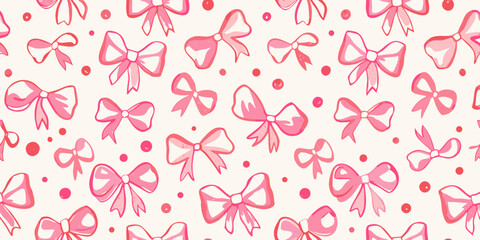 Seamless pattern of hand drawn pink bows and dots on a light background